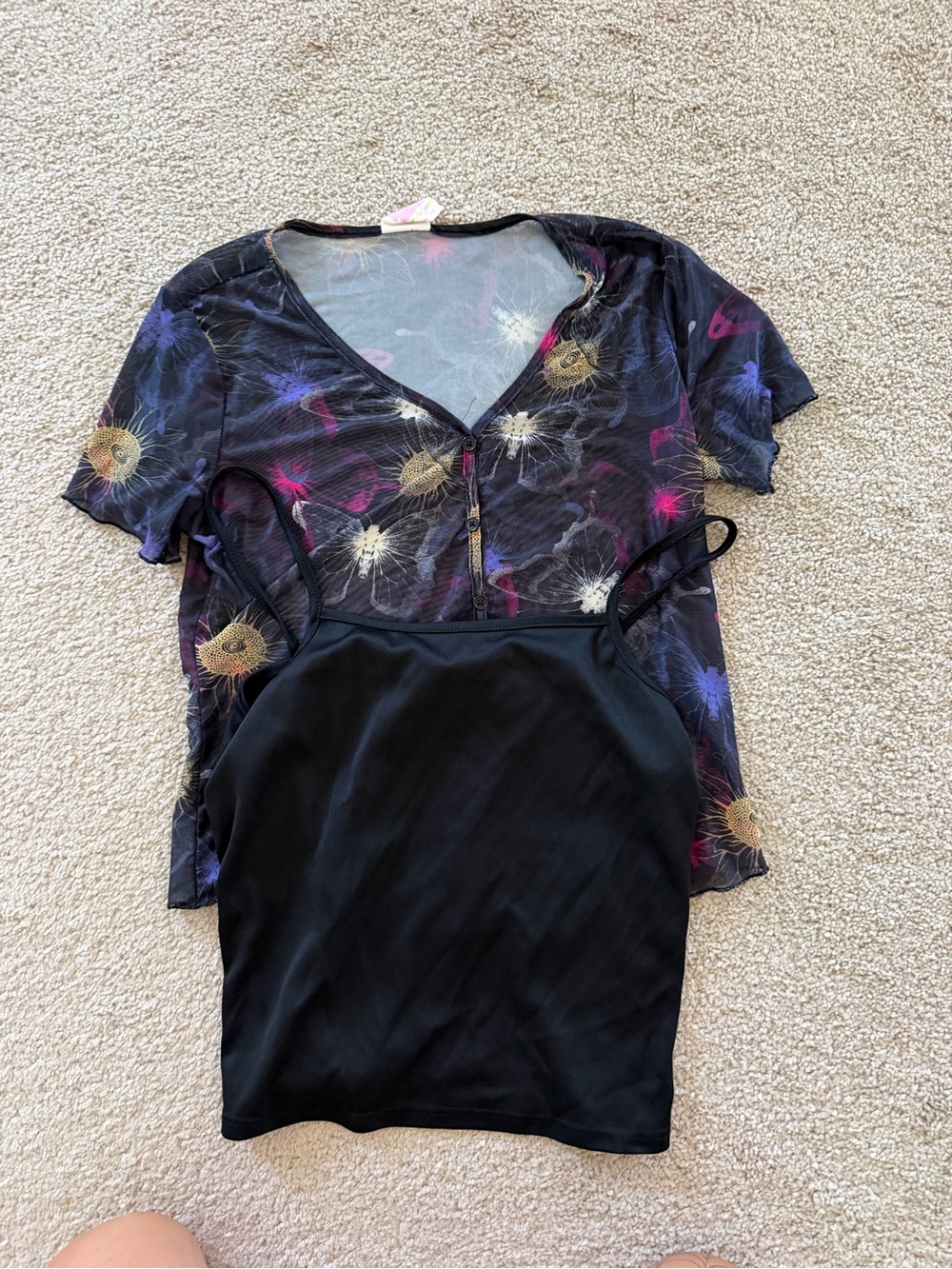 Black Layered Cami & Floral V-Neck Top Set